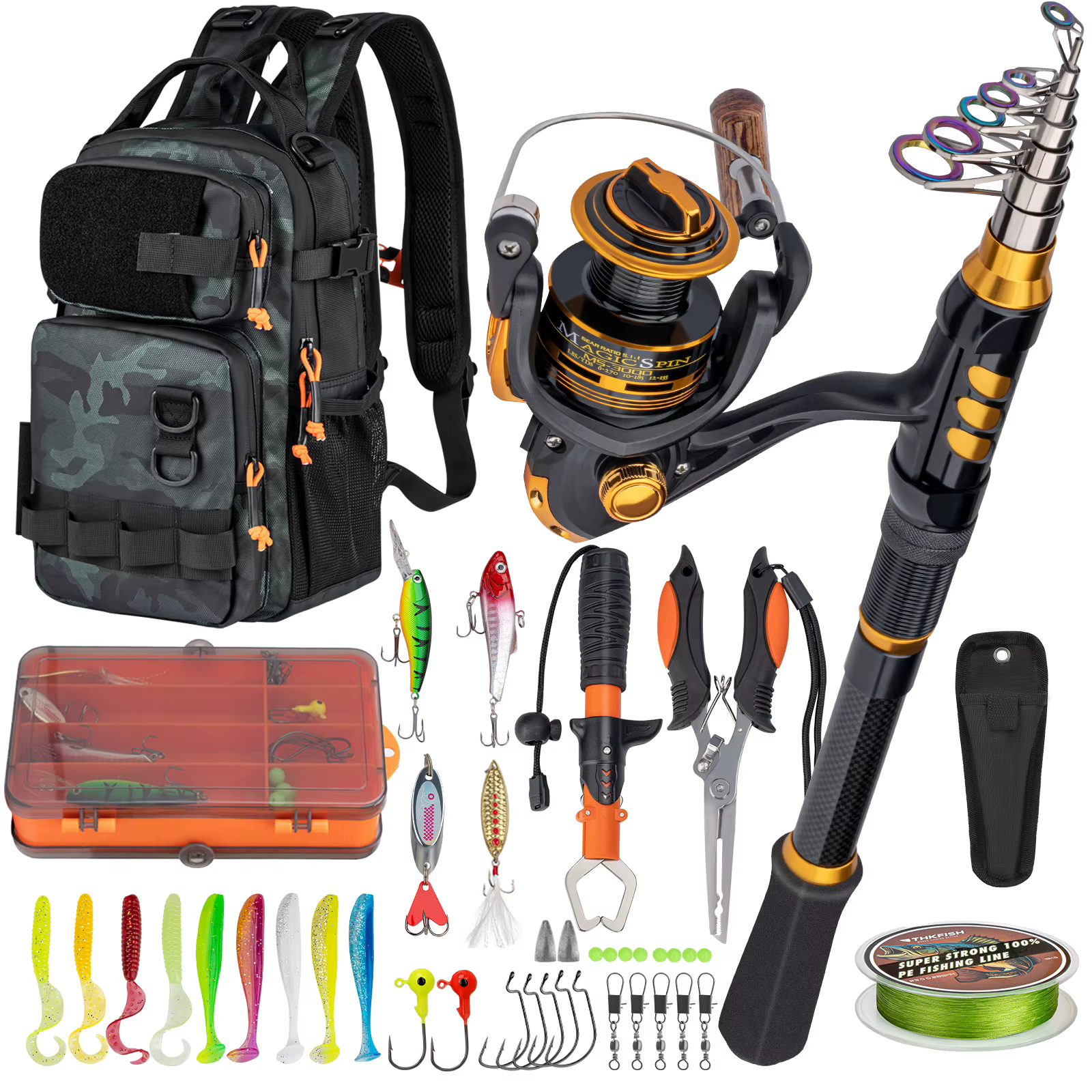 THKFISH Kit caña pescar telescópica con carrete giratorio