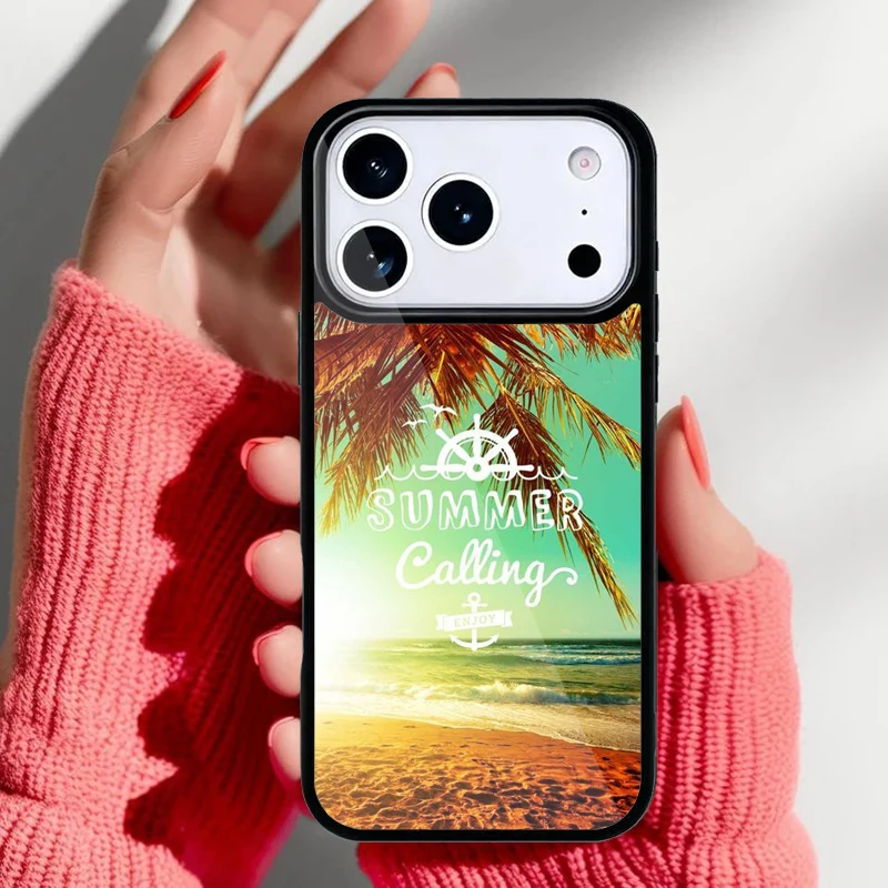 Vista lateral de la funda para iPhone con diseño de palmeras