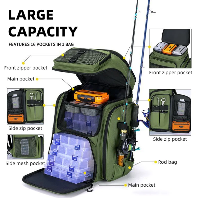 Mochila pesca con soportes para cañas, organizador señuelos y aparejos - imagen 4