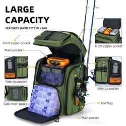 Mochila de pesca con soportes para caña y organizador señuelos