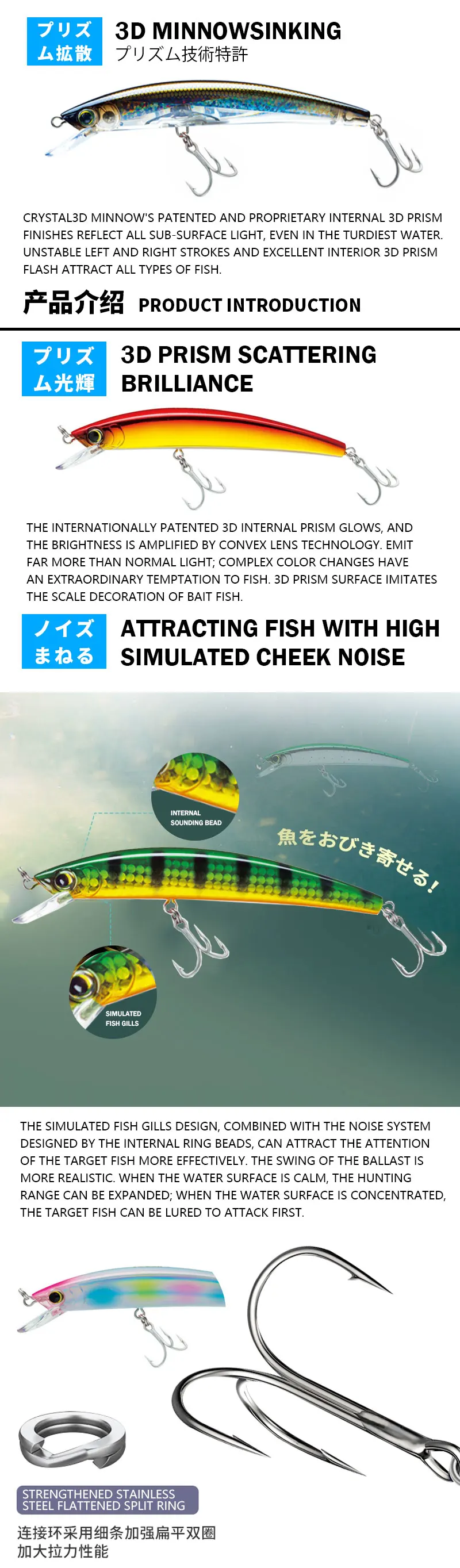 Señuelo flotante minnow mostrando su acabado 3D prismático