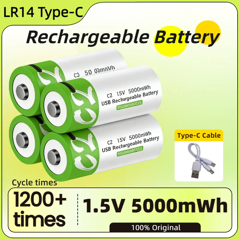 Batería recargable LR14 tamaño C con carga por Tipo C
