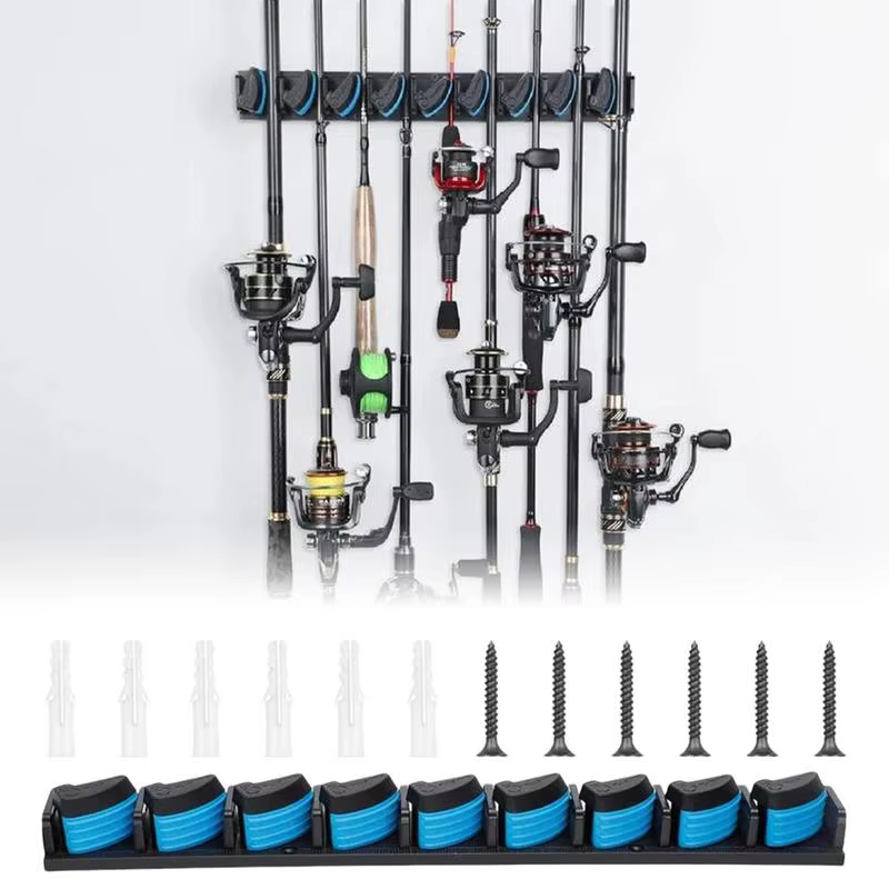 Soporte azul para organizar cañas de pescar