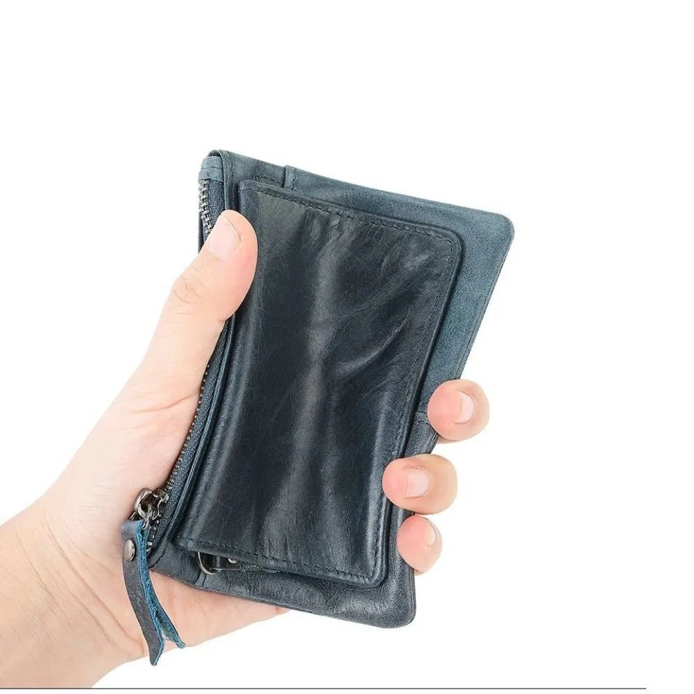 Cartera RFID corta de cuero genuino con protección y varias ranuras