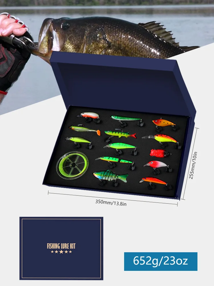 Variedad de señuelos incluidos en el kit de pesca
