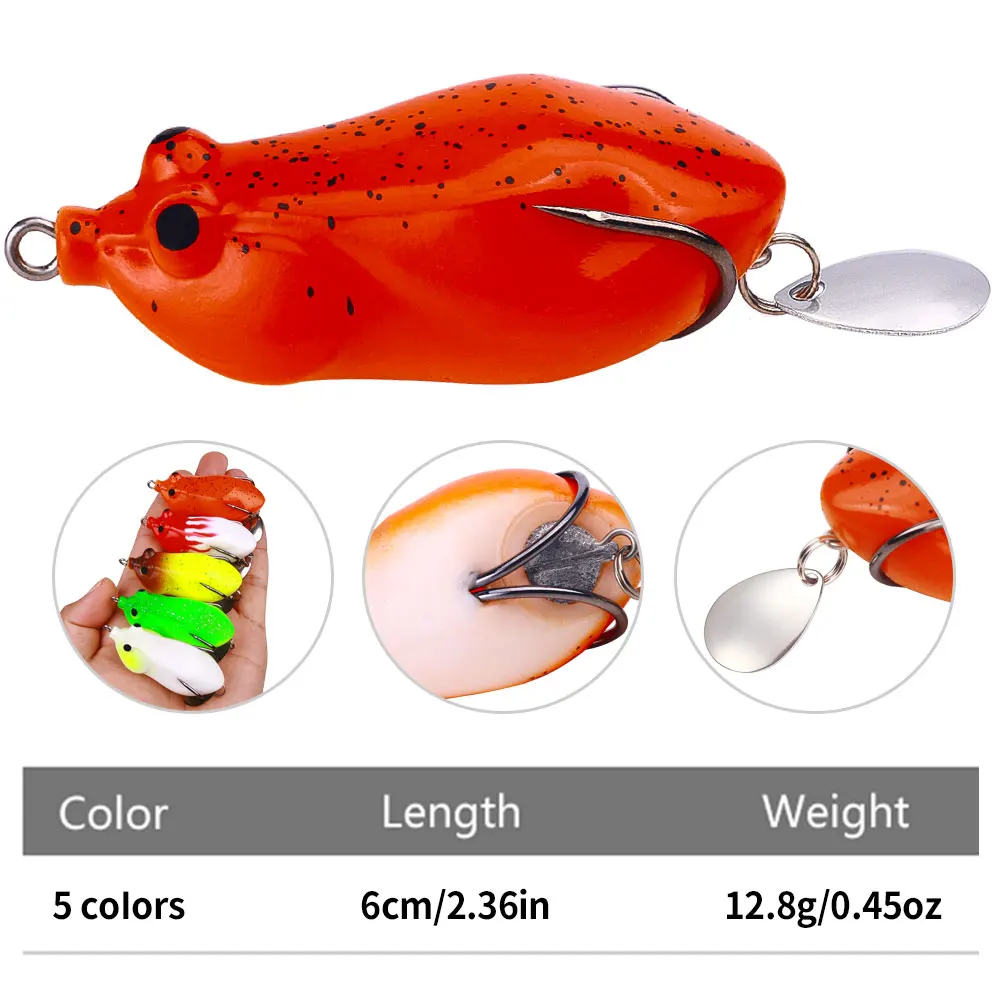 Juego de 5 señuelos de rana de silicona para pesca en superficie