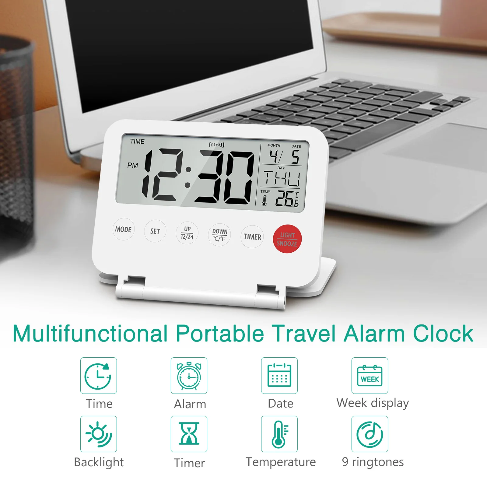 Reloj despertador digital ORIA plegado sobre una mesa de madera