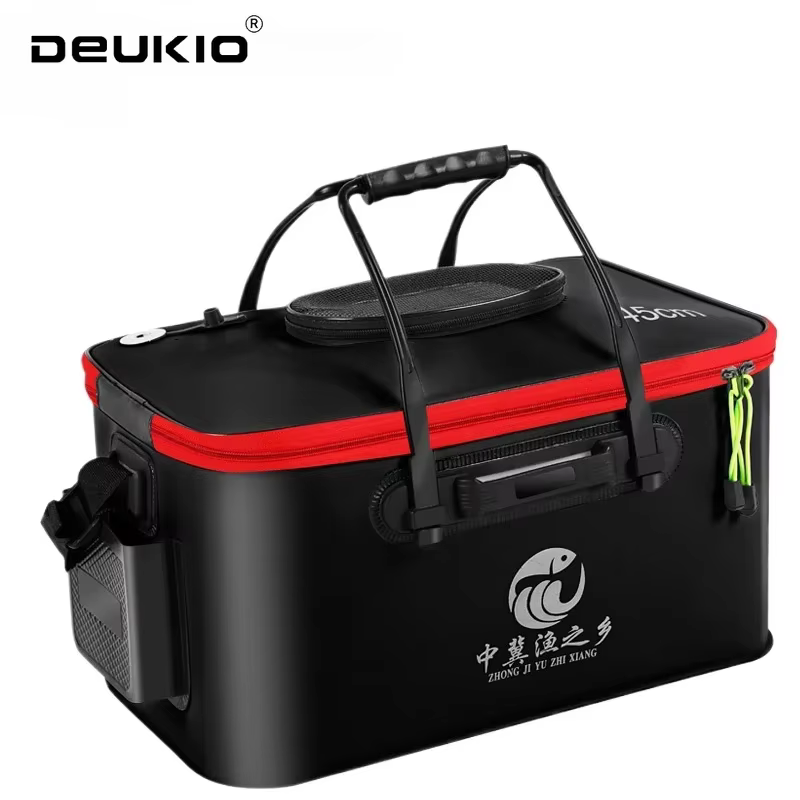 Cubo collapsible para peces vivos – Asa EVA y bolsillo lateral para pesca