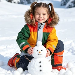 Traje de nieve una pieza infantil con capucha y cuello piel – Cortaviento térmico invierno