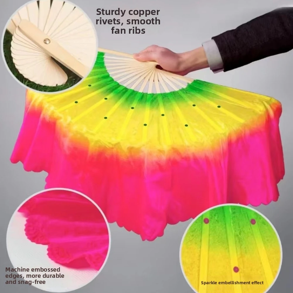 Abanico de danza en varios colores disponibles mostrando la tela de seda