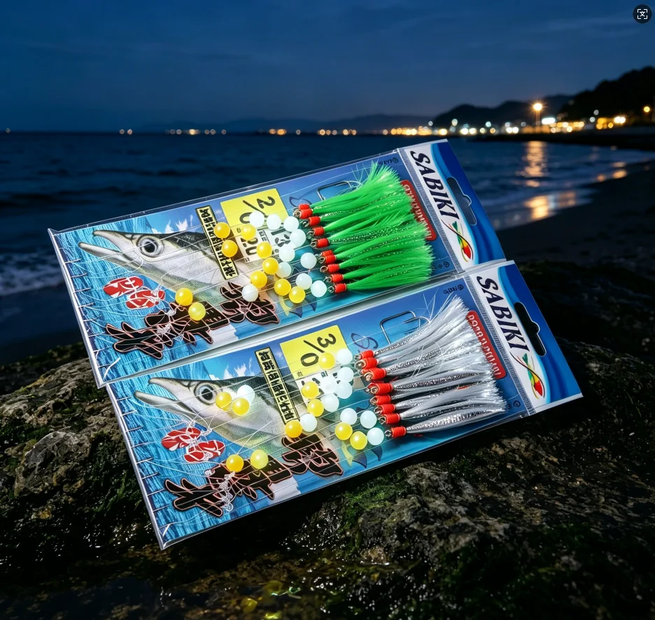 Aparejos de pesca con anzuelos, plumas y cuentas brillantes