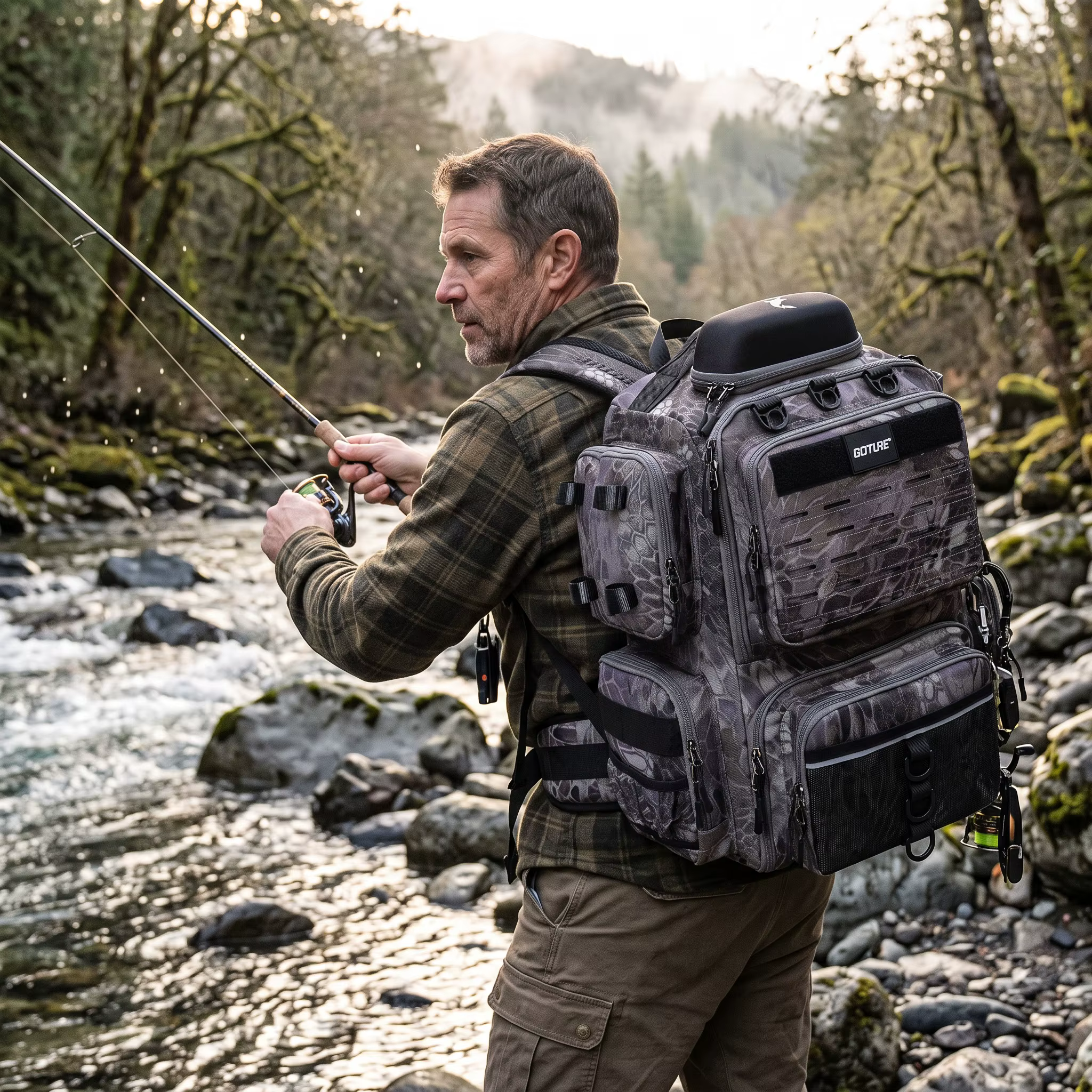 Goture Mochila de Pesca con Funda Impermeable y Portacañas - imagen 4