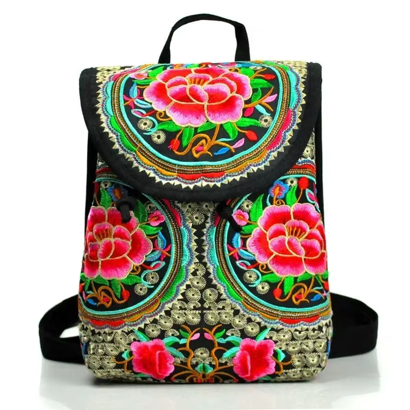 Mochila bordada étnica para mujer, mini bolso hombro multifunción lona