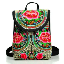 Mochila bordada étnica para mujer, mini bolso hombro multifunción lona