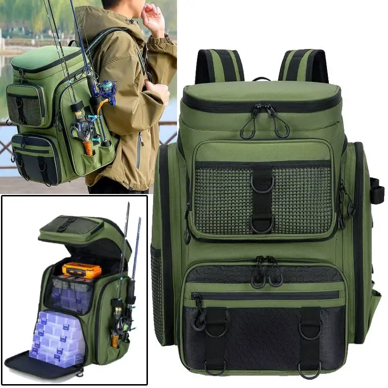 Mochila de pesca con soporte cañas y organizador señuelos