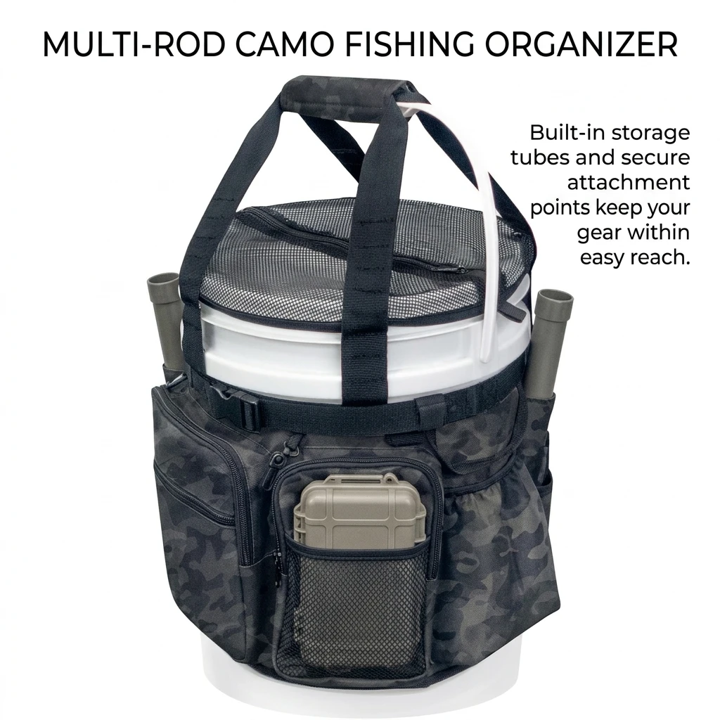 Bolsa de aparejos de pesca con soporte para cañas y multibolsillos - imagen 2