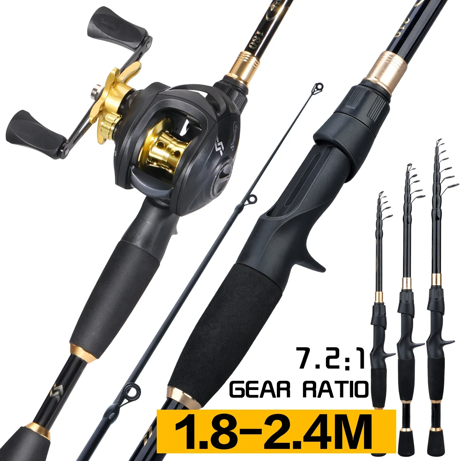 Sougayilang Combo Caña Telescópica de Carbono + Carrete Baitcasting - imagen 3