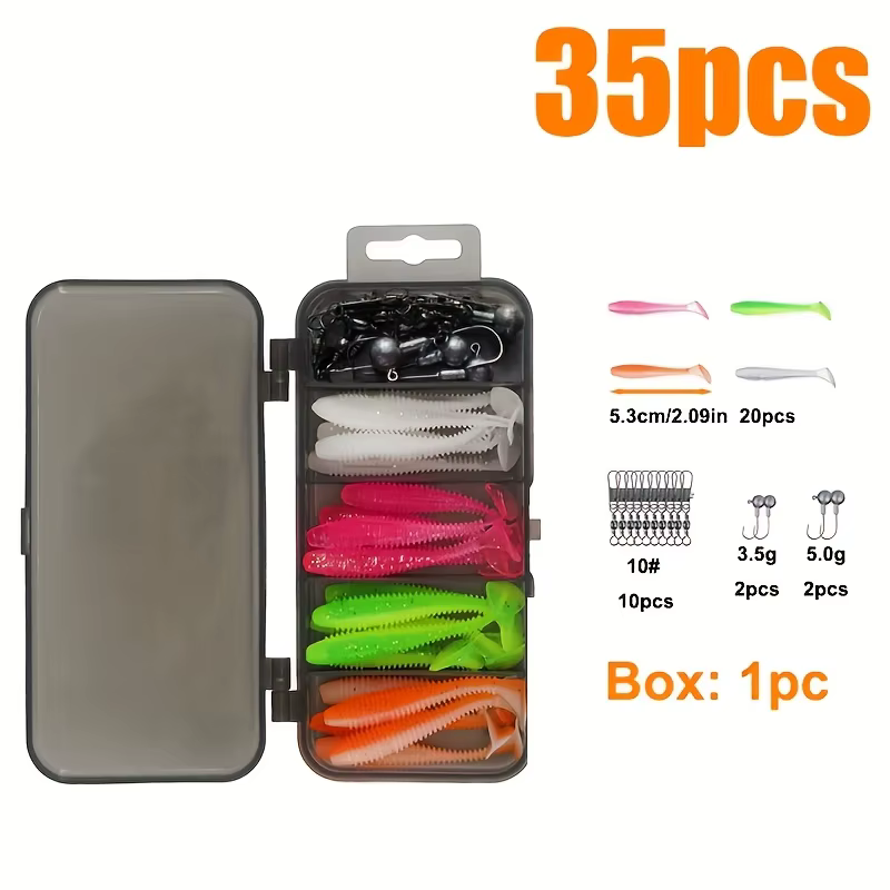 Set 35 Señuelos Blandos Cola en T con Caja – Equipos y Atriles de Pesca - imagen 4
