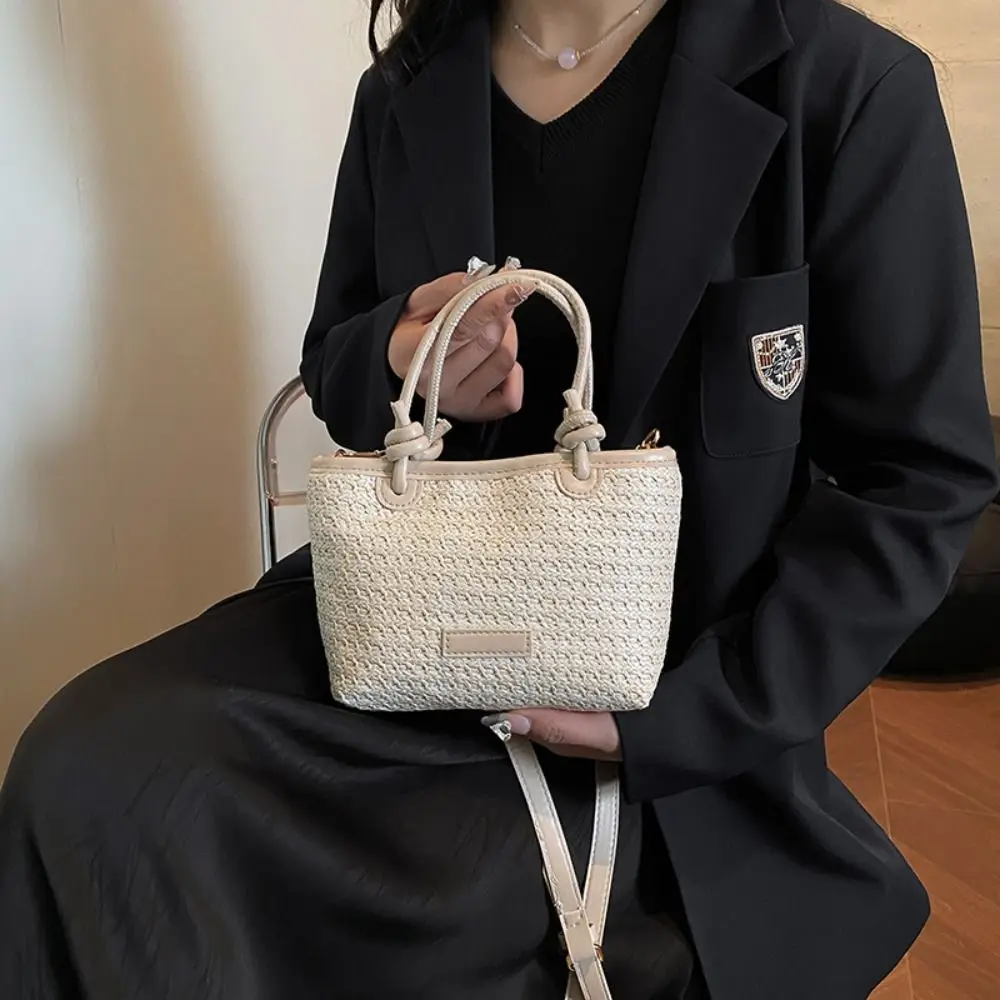 Bolso bandolera de paja tejido a mano tipo cesta con nudo