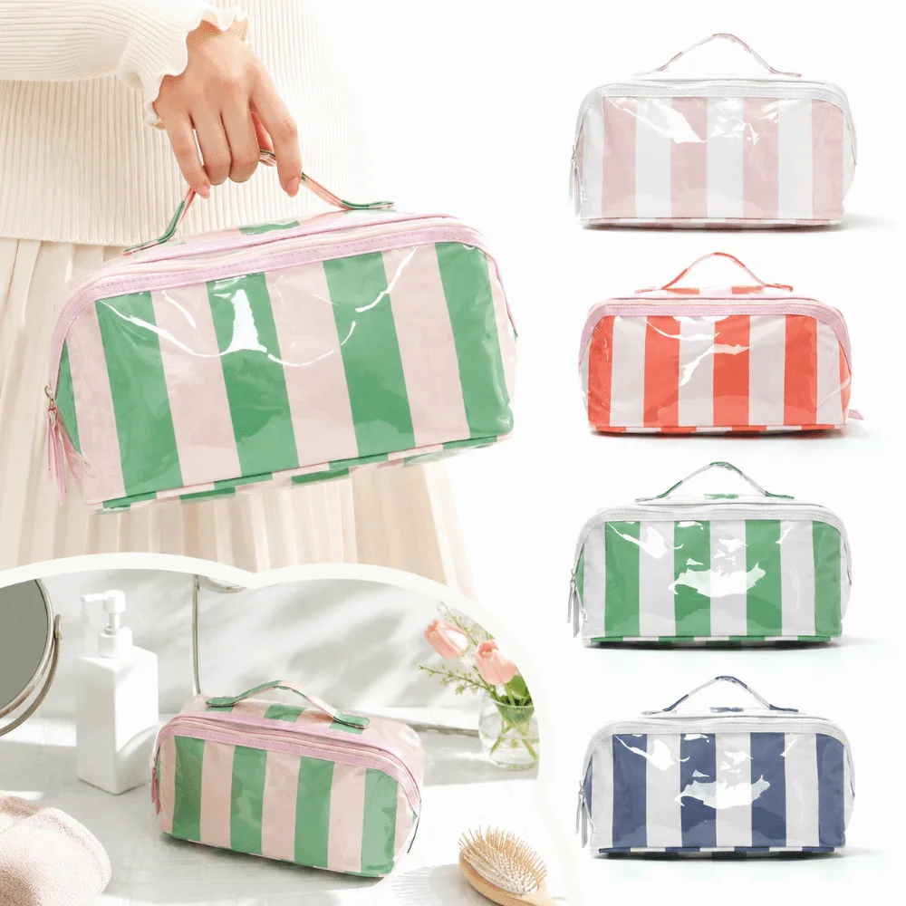 Bolsa aseo transparente PVC a rayas impermeable con cremallera - imagen 5