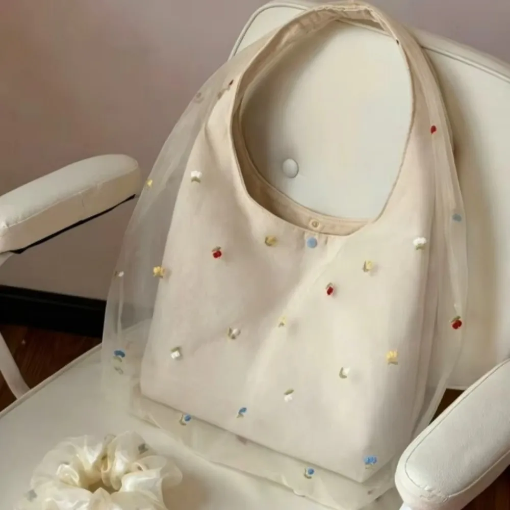 Bolso de hombro grande bordado floral de gasa – estilo coreano - imagen 4