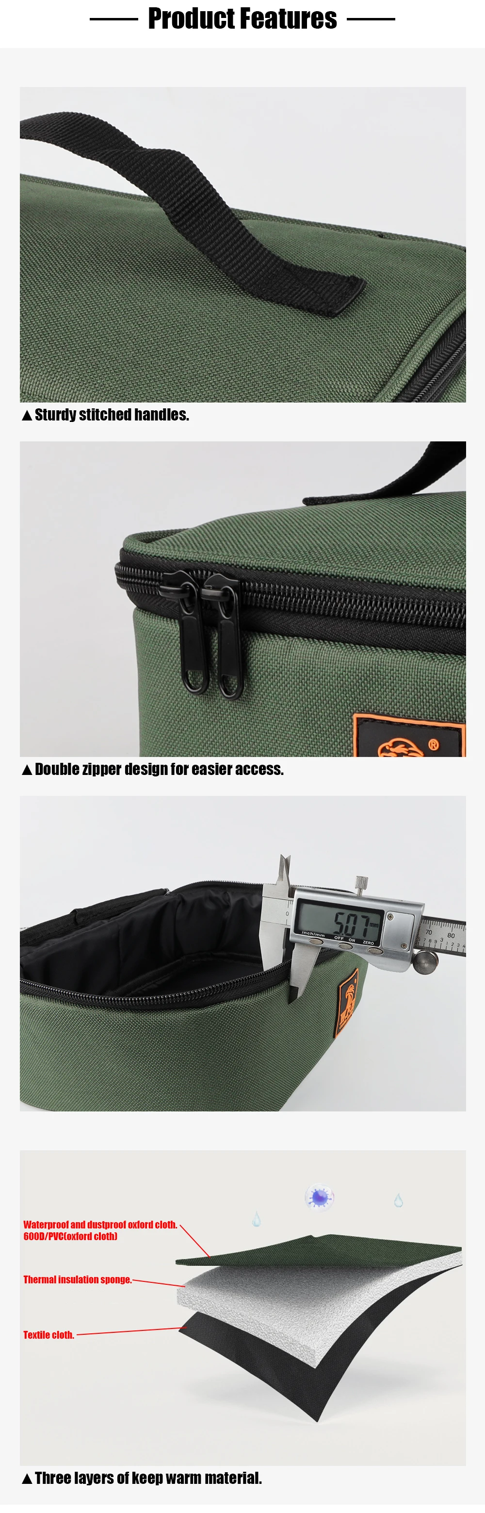 Detalle de la cremallera doble y las asas cosidas