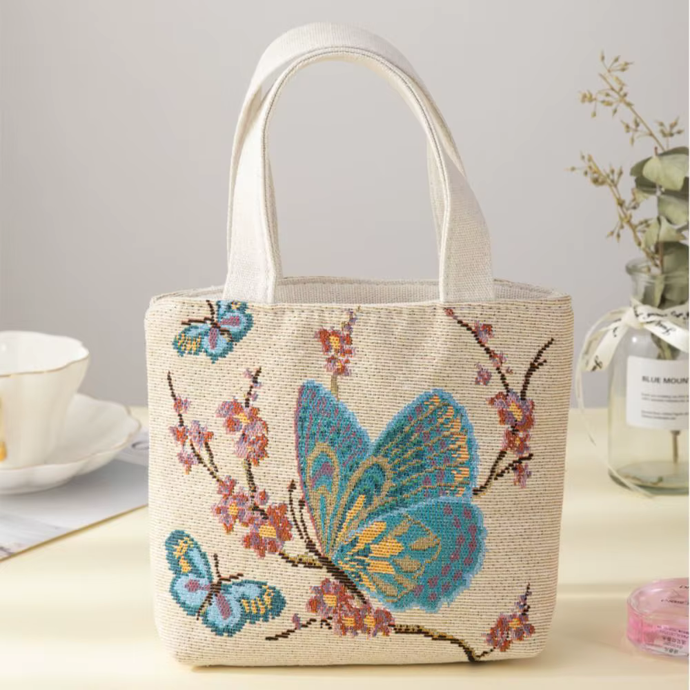 Bolsa de lona reutilizable grande con bordado de gatos y flores