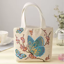 Bolsa de lona reutilizable grande con bordado de gatos y flores