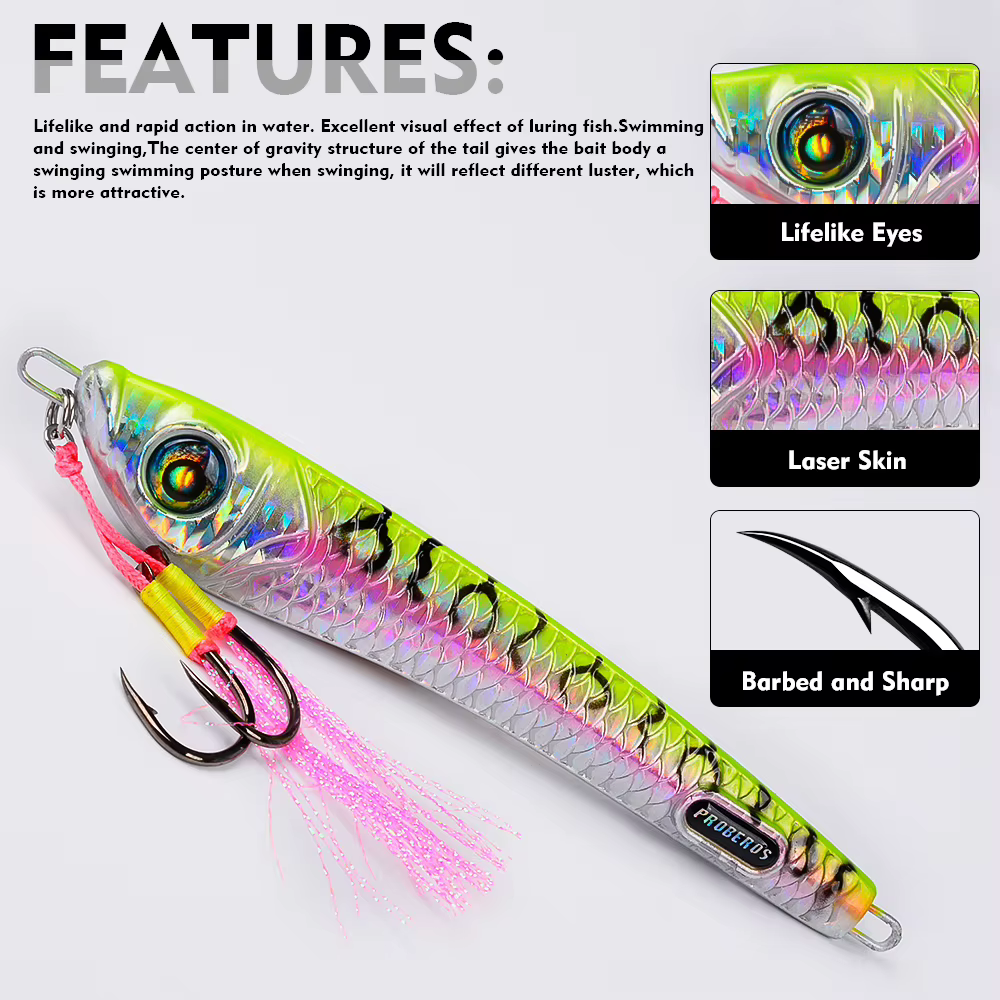 Jig Proberos Vertical 100-200g Ojos 3D con Assist Hook para Lubina - imagen 2