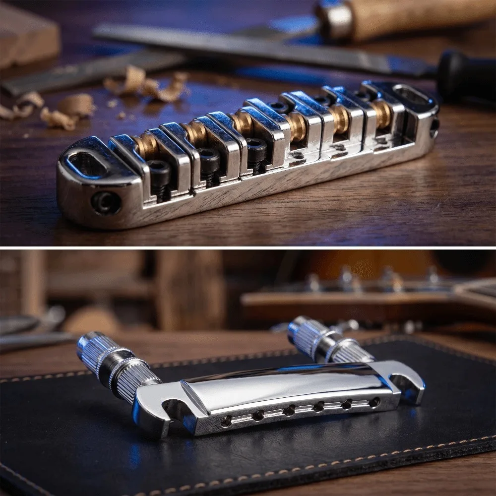 Puente de guitarra eléctrica metálico plateado/negro Premium de rodillos - imagen 2