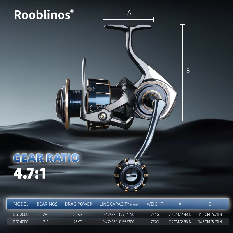 Carrete Rooblinos DG 12000-16000 7+1 Rodamientos Inox Manivella Roscada
