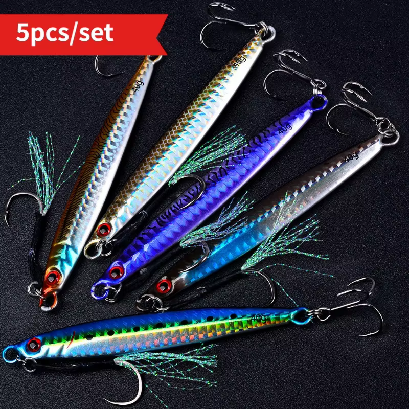 Jigs metálicos reflectantes ojo 3D - Anzuelo triple para lubina en salada