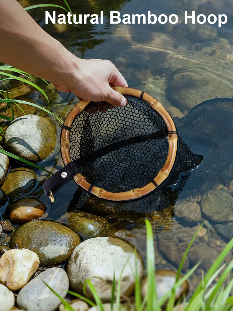 Red de pesca portátil mini con aro de bambú y malla de secado rápido