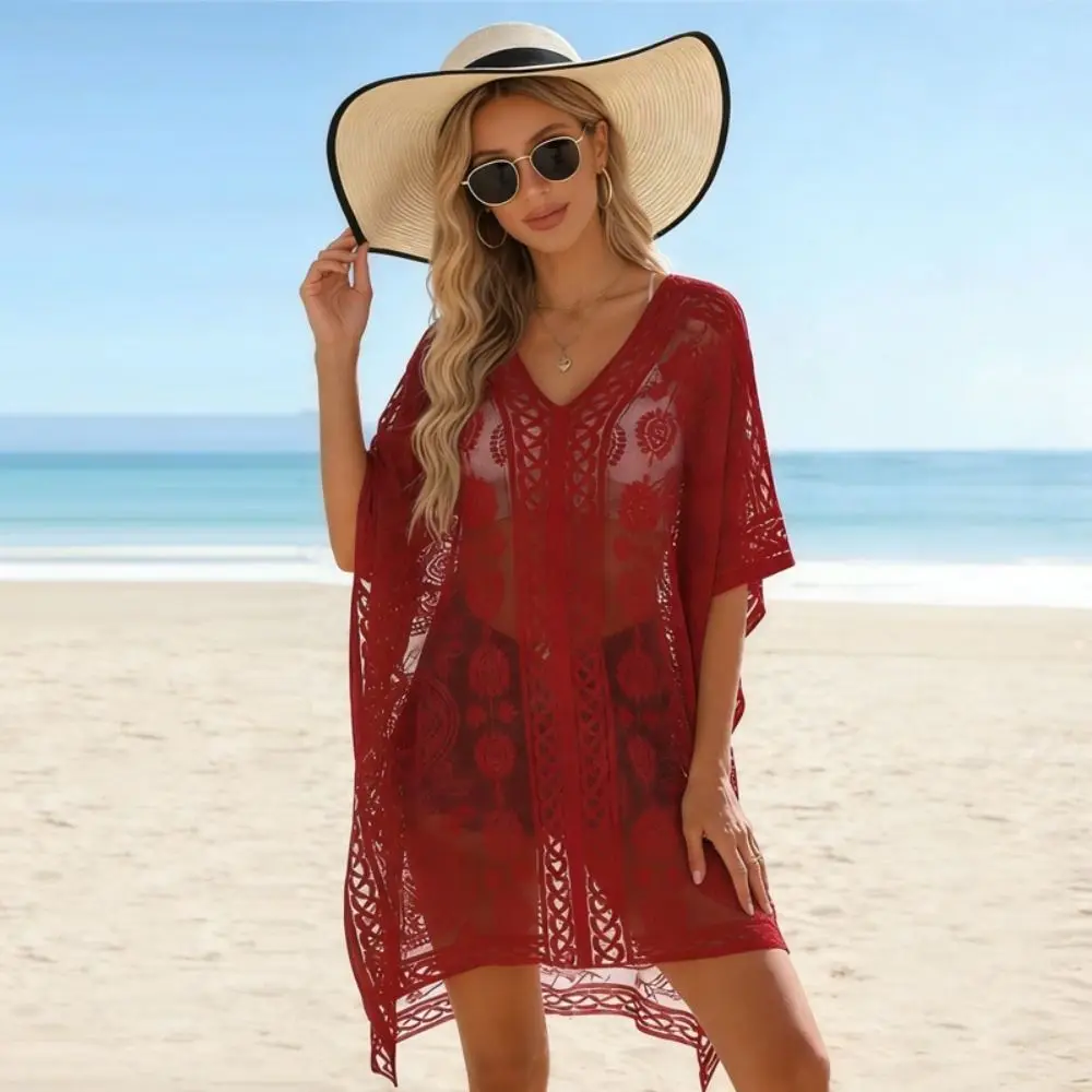 Poncho de playa vintage de encaje floral calado, cuello en V