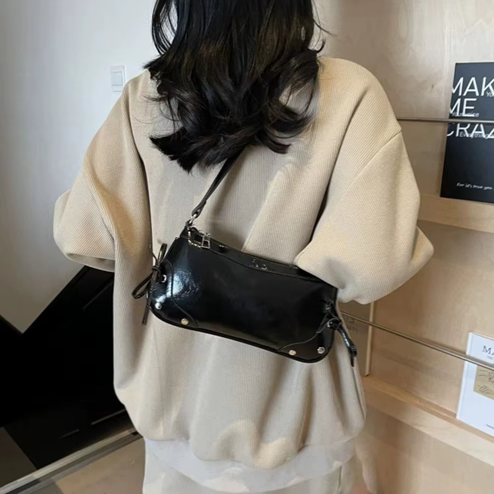 Bolso de axila Y2K con lazo – Polipiel color sólido para mujer - imagen 4