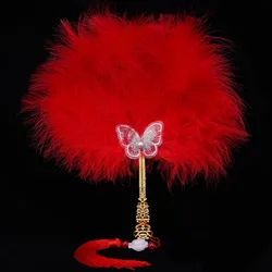 Abanico plegable artesanal de plumas con borlas – colorido de mano