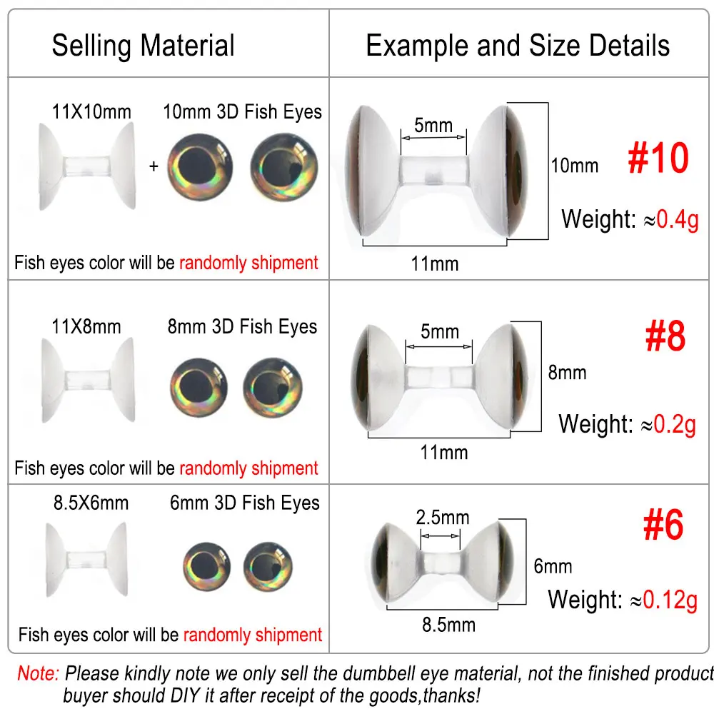 Detalle del tamaño y peso de los ojos de mancuerna