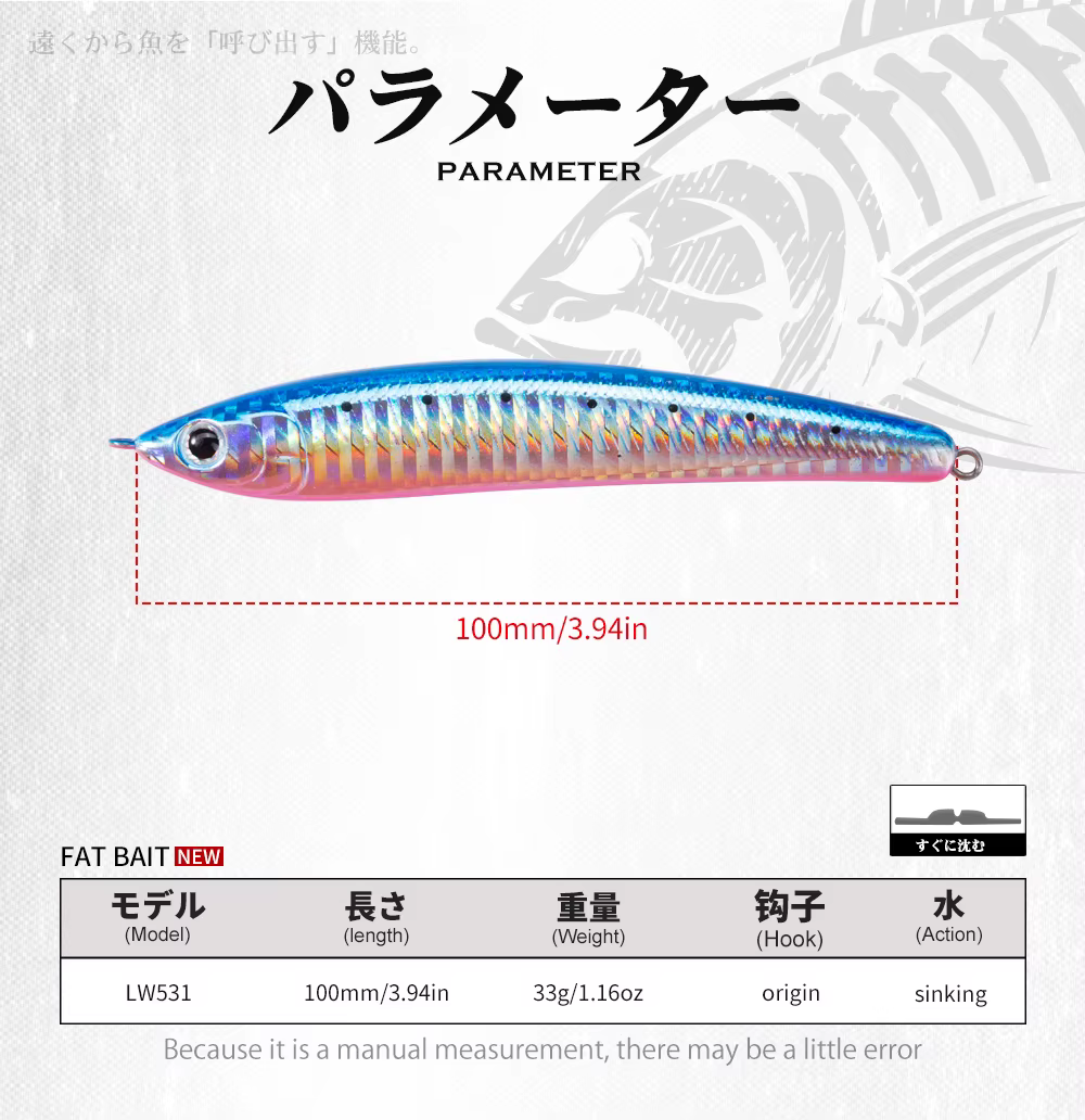 Detalle del stickbait hundido de 100 mm y 33 g
