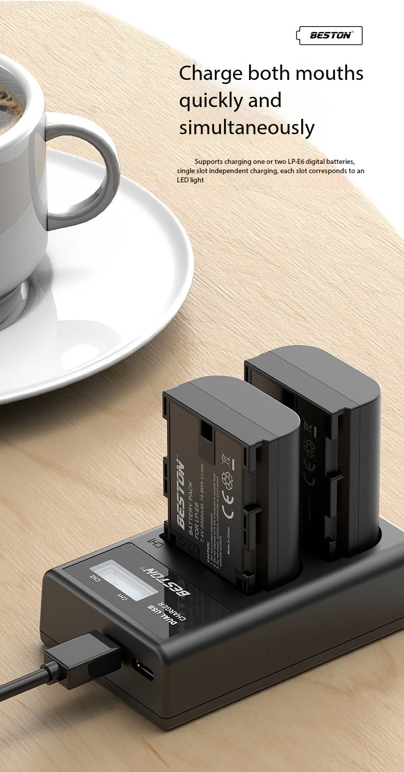 Cargador dual compacto para baterías Canon visto desde diferentes ángulos
