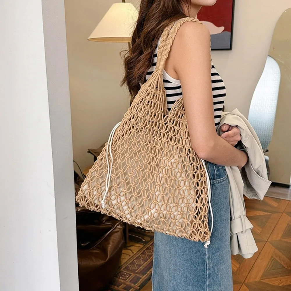 Bolso Tote tejido calado bohemio de paja para playa, gran capacidad - imagen 3