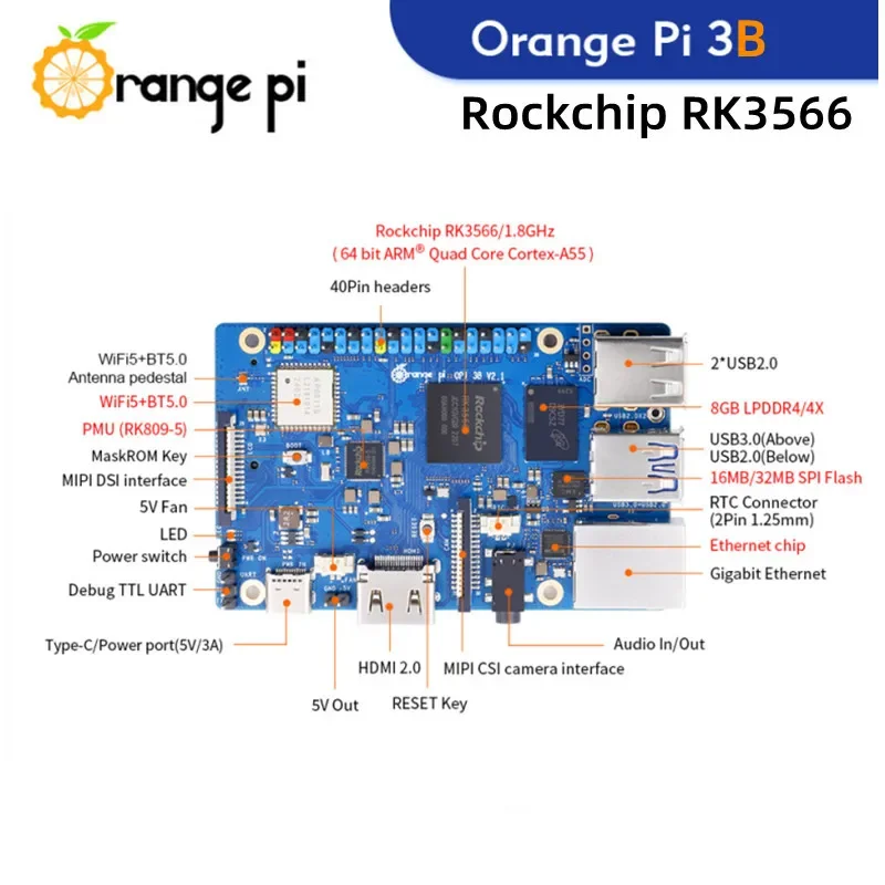 Orange Pi 3 B placa de desarrollo RK3566 con WiFi y Bluetooth - imagen 2