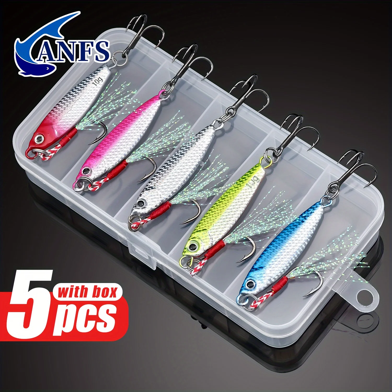 Set de 5 señuelos metálicos ANFS para pesca en agua dulce y salada