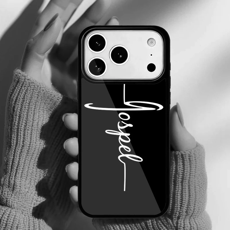 Vista trasera del diseño religioso en la funda para iPhone