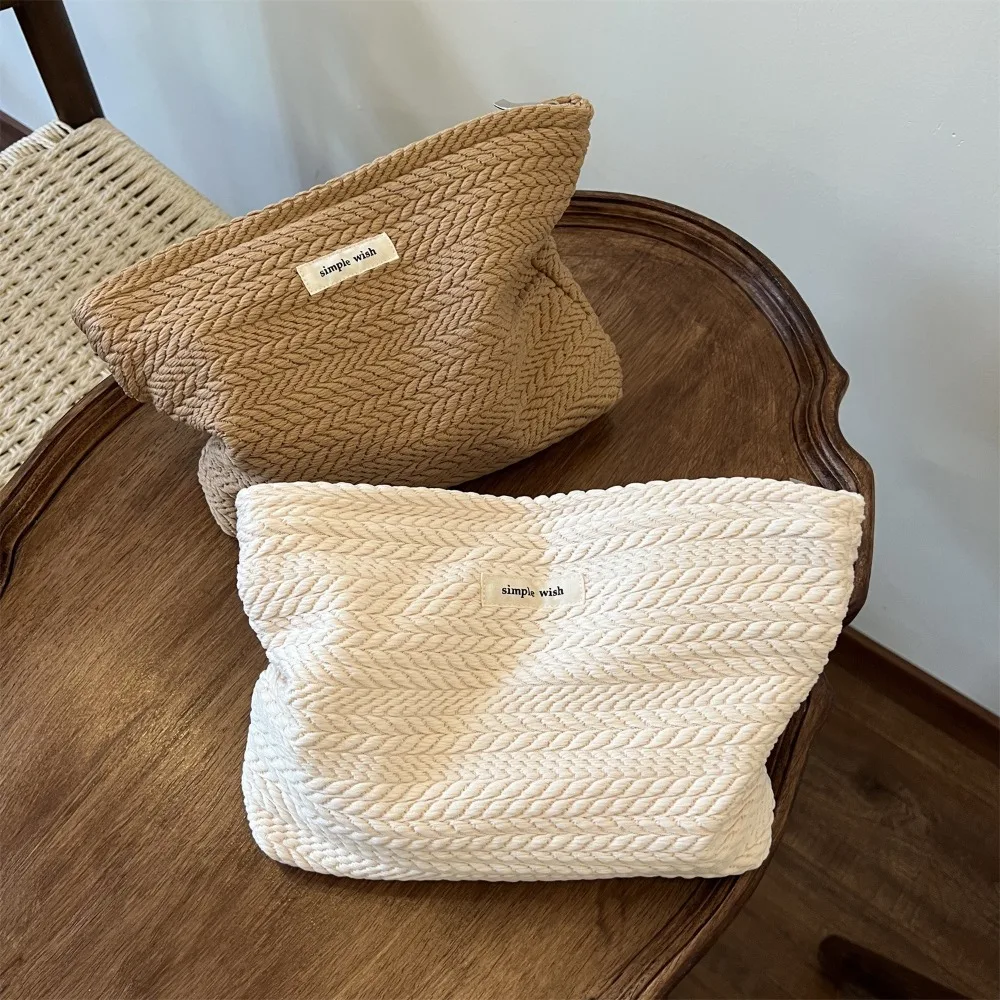 Bolsa cosméticos portátil de tela tejida gran capacidad beige café - imagen 5