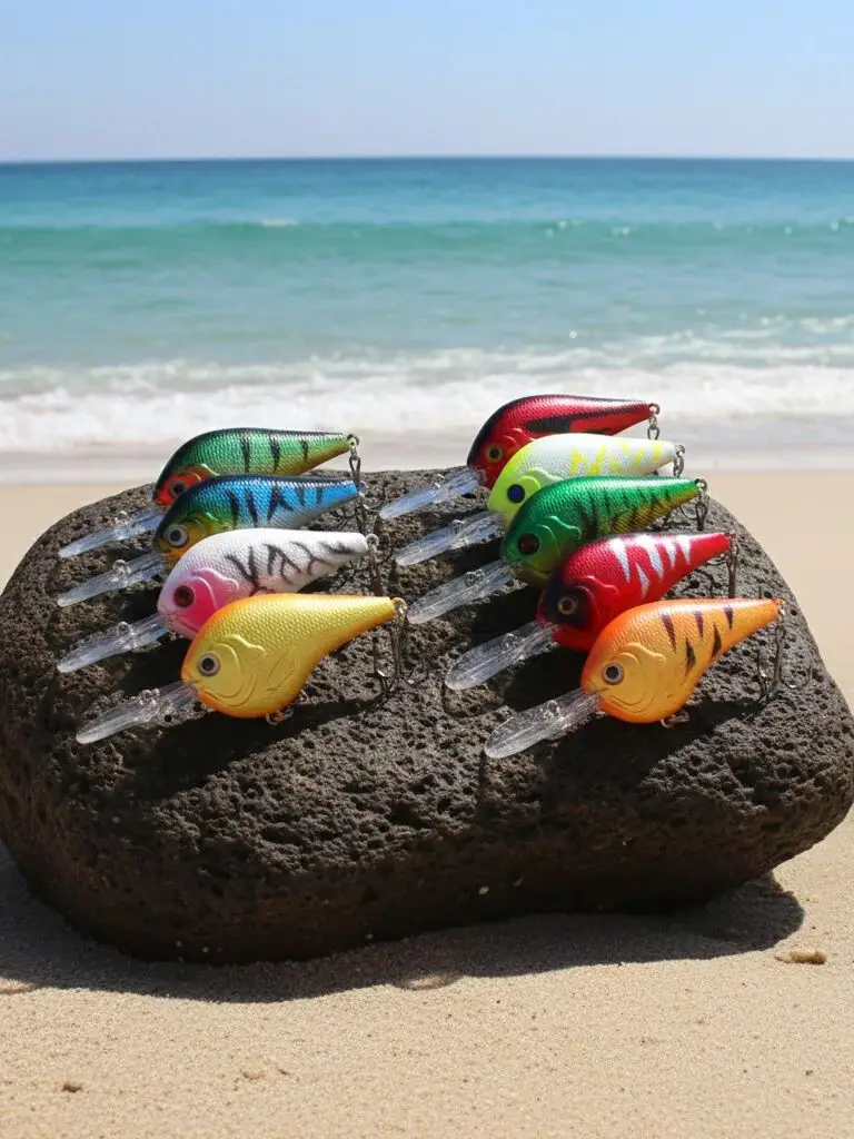Señuelos crankbait de labio largo dispuestos para pesca de lubina y lucio