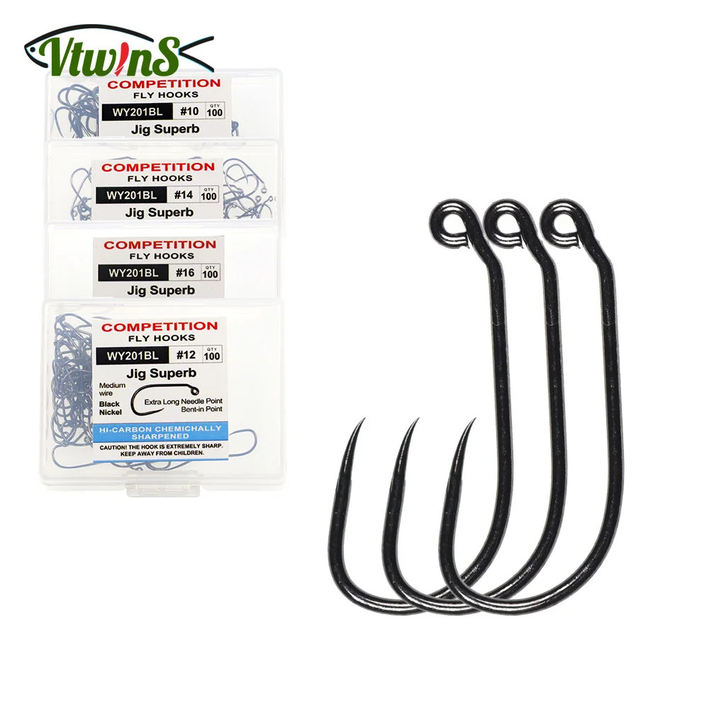 Anzuelo Ninfa trucha Vtwins carbono níquel negro sin púas ojo 60° - imagen 4