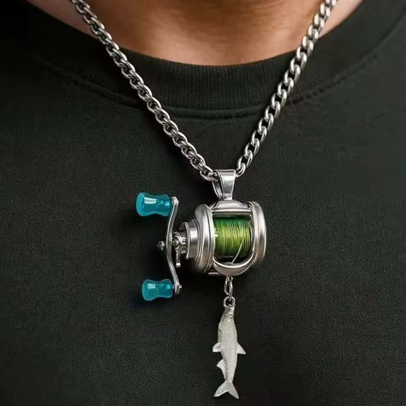 Collar Pescador con Carrete Giratorio y Desmontable – Colgante Plateado - imagen 5