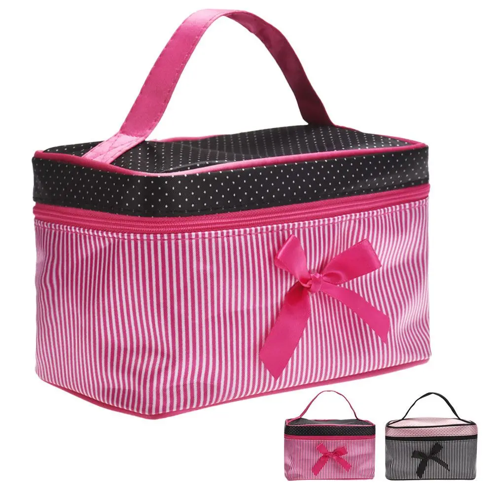 Bolsa de cosméticos portátil con lazo y rayas para viaje - imagen 4