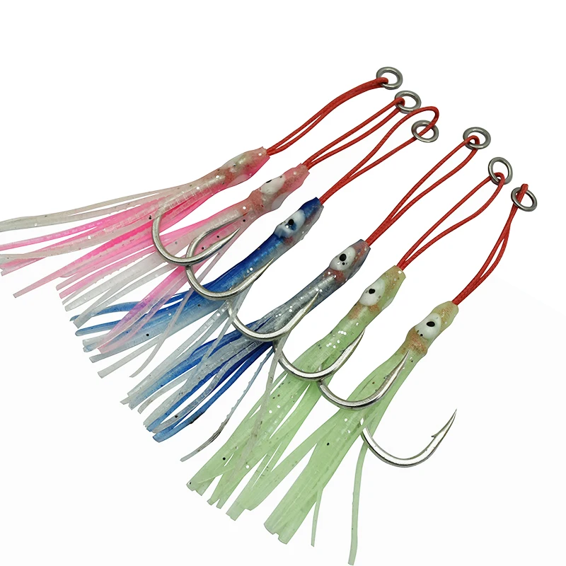 Kit de 4 anzuelos de asistencia para jigging con plumas y acabado luminoso