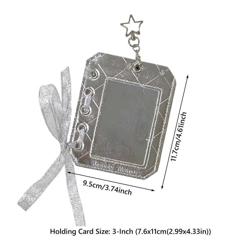Funda para tarjetas Y2K PU plateada con llavero corazón y lazo - imagen 4